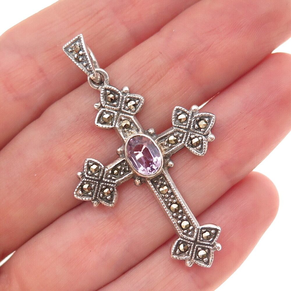 925 Sterling Silver Vintage Real Amethyst & Marcasite Cross Oxidized Pendant